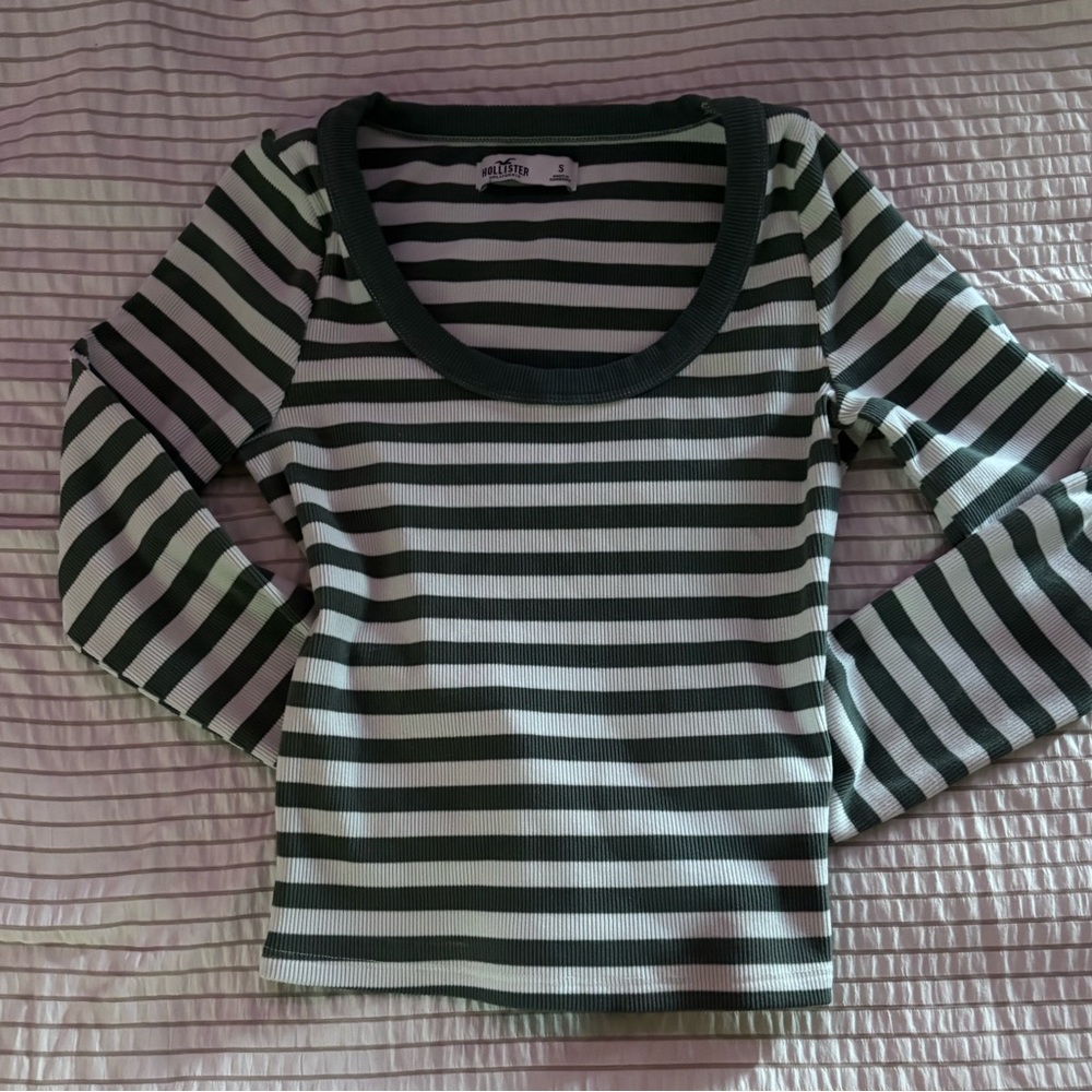 Hollister Green and White Striped Blouse